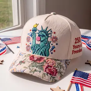 Statue of Liberty Bubble Gum Hat Floral Tapestry Brim Patriotic Baseball Cap Womens 4th of July Outfit America 250 Years of Freedom USA Embroidered Cap Summer Fashion Independence Day Gifts Vintage Aesthetic Trending TikTok Shop Finds