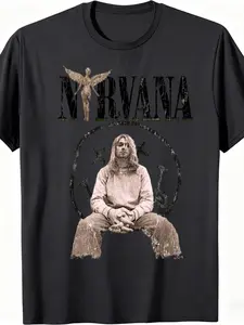 NIRVANA "is the band name, men's streetwear, short sleeved T-shirt, font design with a distressed and worn-out texture, in line with the band's grunge style. He was an iconic figure of alternative rock in the 1990s