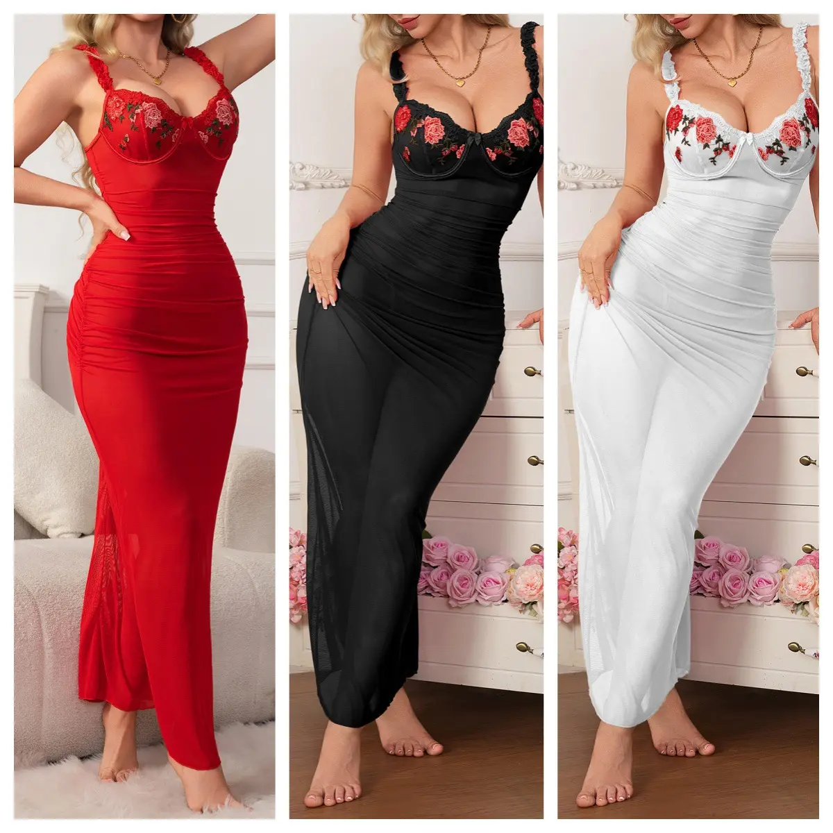 Floral Embroidered Bust Mesh Maxi Night Dress | Ruched Bodycon Long Slip Nightgown, Romantic Sleepwear Lingerie Dress for Women Bodysuits Womenswear Bodysuits Teddy