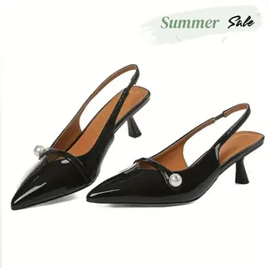 EROCALL Women Slingback Heels Black Closed Pointed Toe Kitten High Heel Pearl Strappy Pumps Shoes Dressy Party Sexy Elegant Sandals Bow Evening Pump Stiletto High Heels Backless Party Bridal Shoes for Wedding heel sandal