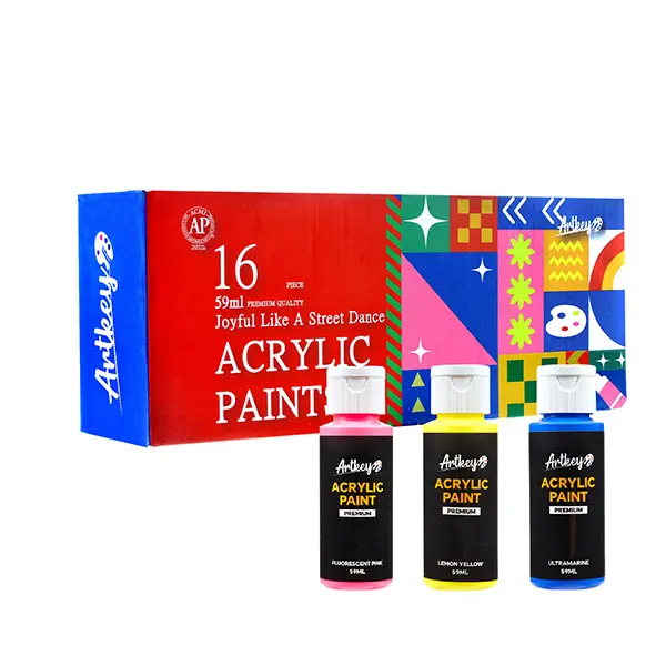 Artkey Acrylic Paint Set, 16 Colors 2 oz/59 ml Acrylic Paint Kit for Professional Artists & Beginners – Memphis Style “Pop Art Colors” Palette for Canvas, Wood, Fabric, Rock, Leather, Ceramic, Glass