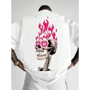 A Unique And Stylish Loose-Fit Top Featuring a Dark Romantic Design with Heart-Shaped Eyes And a Love-Flame Skull Print