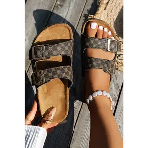 LDC Geometric Print Cut Out Buckle PU Leather Flat Slippers