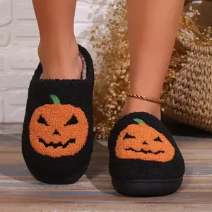 Women's Faux Fur-Lined Skull Pumpkin Plush Slippers, Antislip Soft Sole Flat Slides, Fluffy Comfy House Bedroom Footwear, Halloween Gift