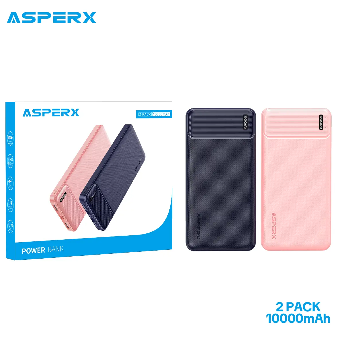 AsperX 10000mAh/15000mAh Power Bank, 2 Pack Portable Charger with USB Charging Cable, Battery Pack for Smartphone, AirPods, etc Rechargeable Device