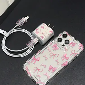 Bow Pattern Clear Durable Phone Case with Charger Saver & Cable Protector & Storage Rope, Accessories, Anti-drop Cellphone Protective Case, Total Protective Shockproof Mobile Smartphone Cover for iPhone, Casing, Protection