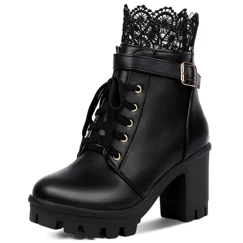 Platform Combat Boots Ankle Booties for Women - Microfiber PU, Punk Gothic Buckle Straps, Side Zipper & Lace-Up, 3.54in Chunky Block Heel, Lug Rubber Sole for Height, Stability & Grip, Black/White