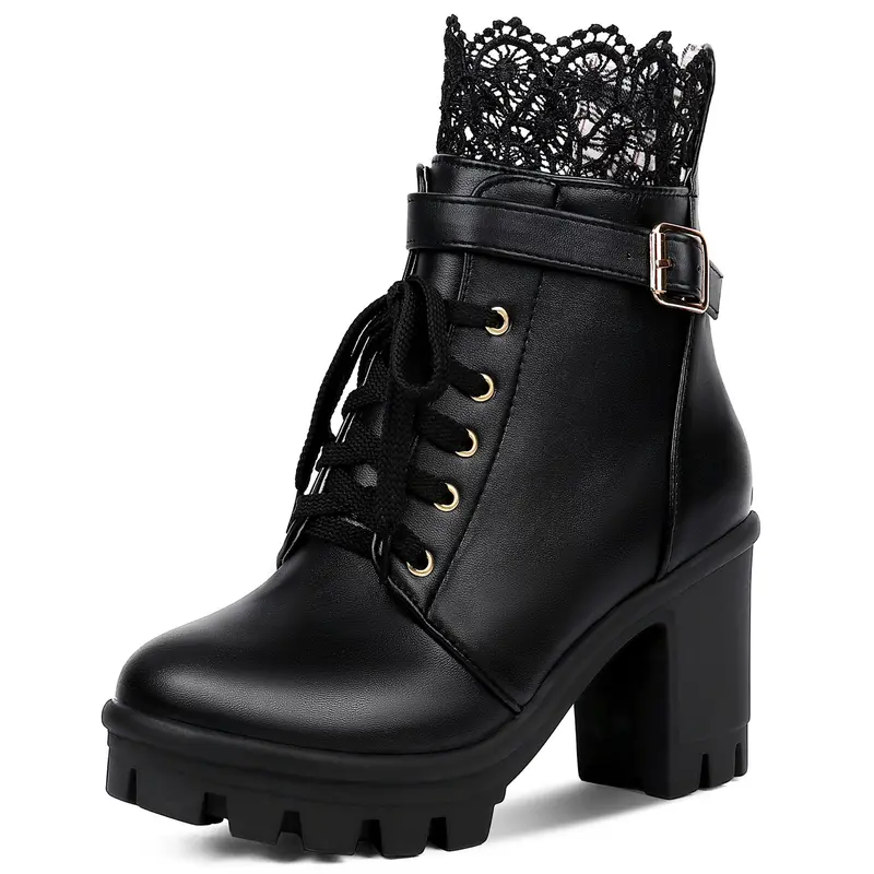 Platform Combat Boots Ankle Booties for Women - Microfiber PU, Punk Gothic Buckle Straps, Side Zipper & Lace-Up, 3.54in Chunky Block Heel, Lug Rubber Sole for Height, Stability & Grip, Black/White