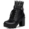 Platform Combat Boots Ankle Booties for Women - Microfiber PU, Punk Gothic Buckle Straps, Side Zipper & Lace-Up, 3.54in Chunky Block Heel, Lug Rubber Sole for Height, Stability & Grip, Black/White