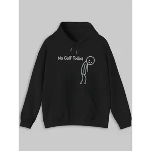 No Golf Today Graphic Hoodie - Black Drawstring Pullover, Funny Sad Stick Figure Print, Casual Sweatshirt for Golf Enthusiasts