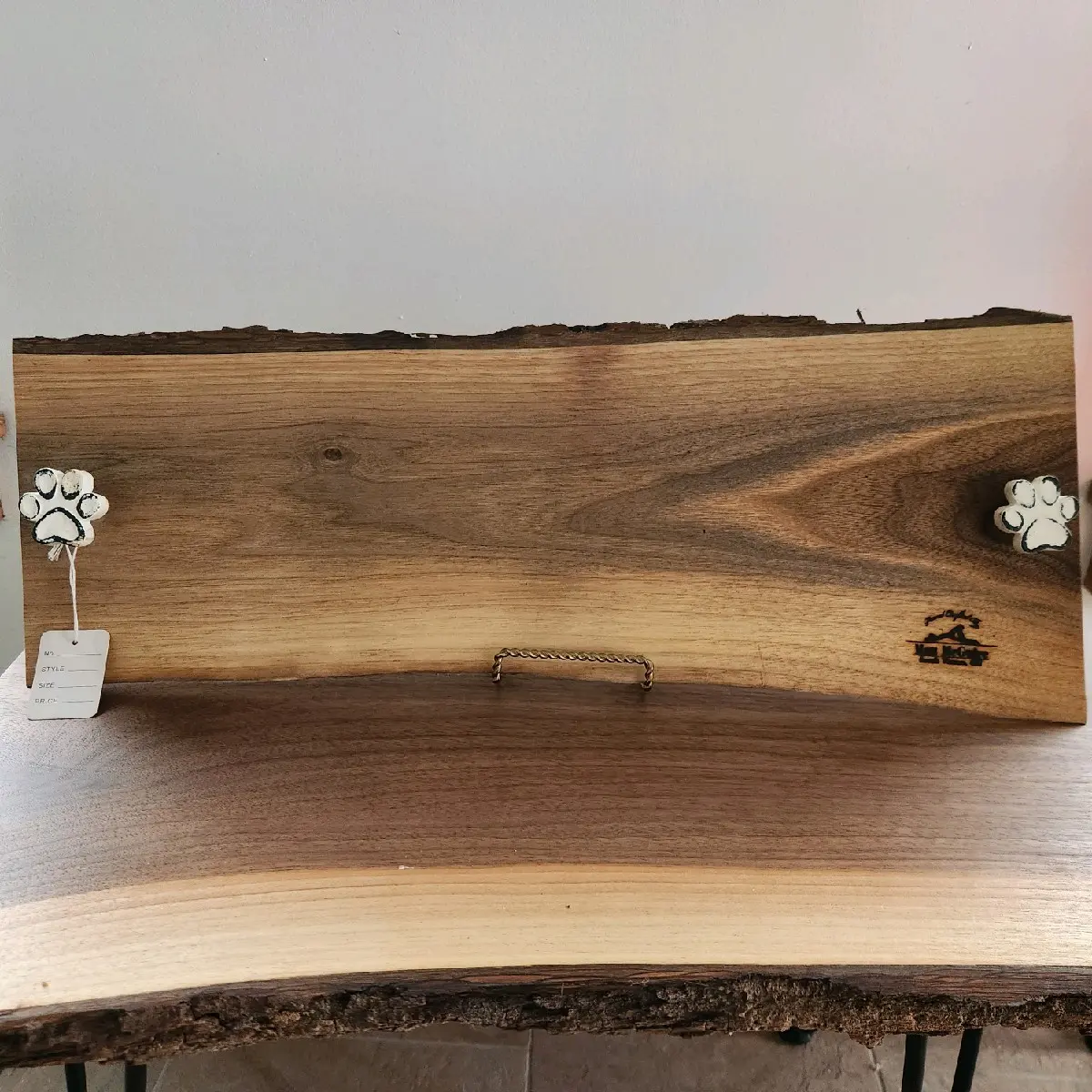 Black Walnut Charcuterie Board with Puppy Paw knob handles.