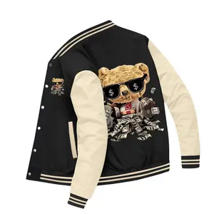 Men's American Style Fleece Baseball Jacket - Street Trendy, Comfortable Stretch Fabric, Kangaroo Pocket, Button Details - Machine Wash & Dry Clean Available | Crewneck Long Sleeve Menswear Coats Black