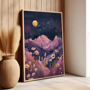 Pink Purple Mountains Under The Golden Moon Floral Wall Art Poster
