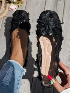 Women's Floral Bow Knit Embroidered Lace-Up Flats, Cute Round Toe Slip-On Shoes, All-Season Comfortable Ballet Style Footwear