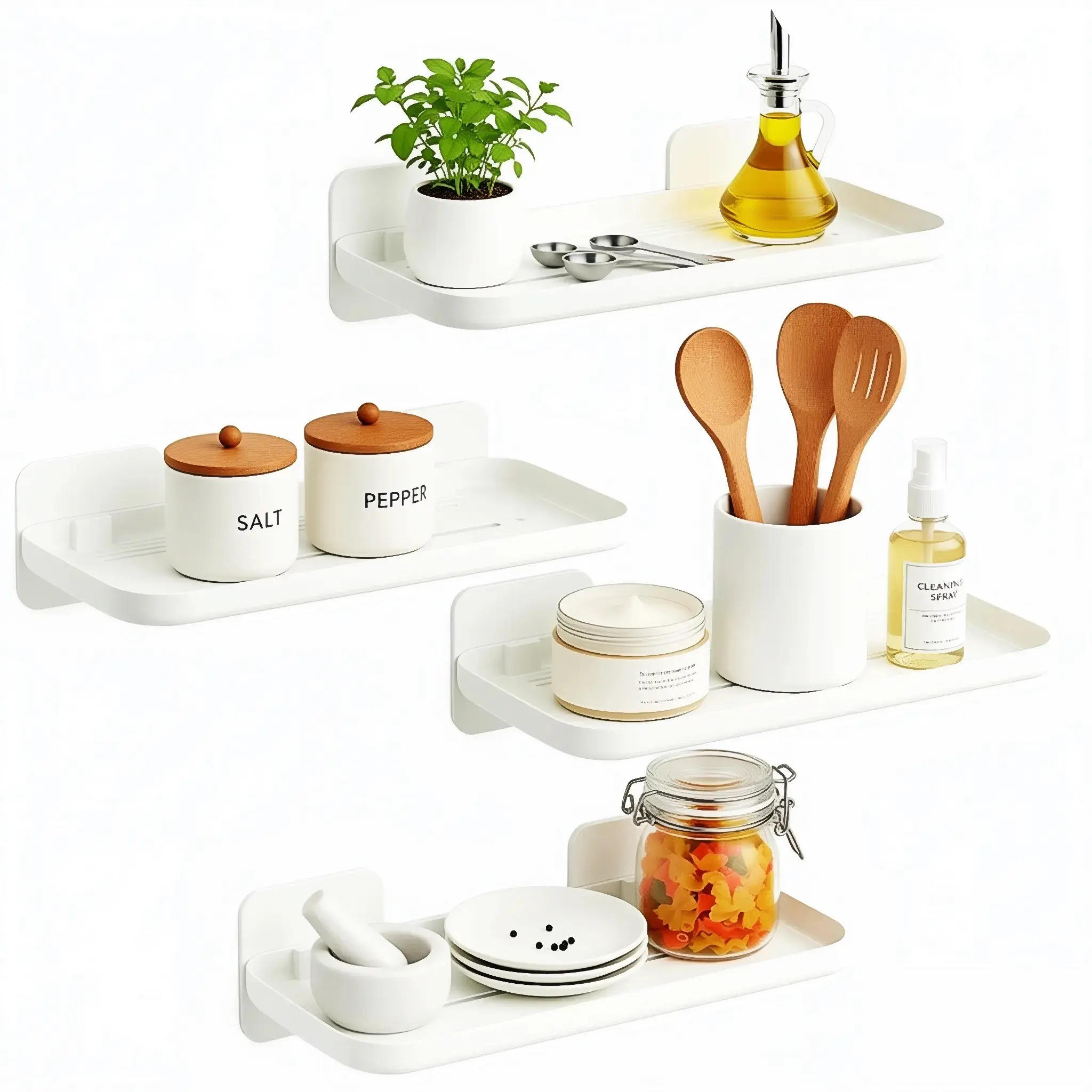 Heavy-Duty Plastic Rectangular Wall Mounted Shelves - No-Drill Damage-Free Wall Mounted Organizer for Renters, Multi-Layer Lightweight Storage Rack, Easy Installation, for Bathroom Toiletries & Kitchen Spice Jars, Resists Oil, Water, and Dust, Pack