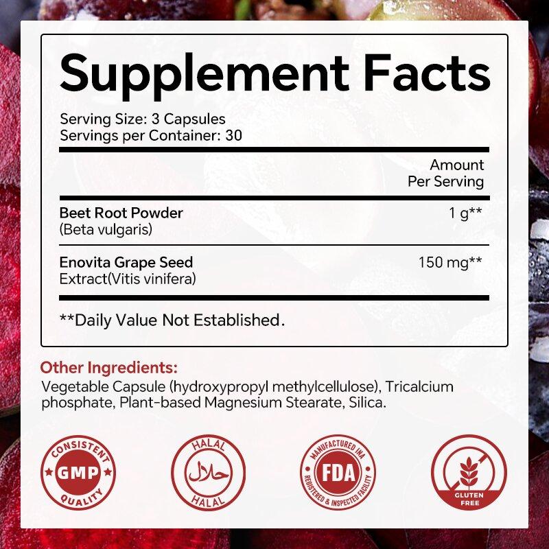 Beet Root Capsules: 1000mg Beet Root + 150mg Grape Seed Extract