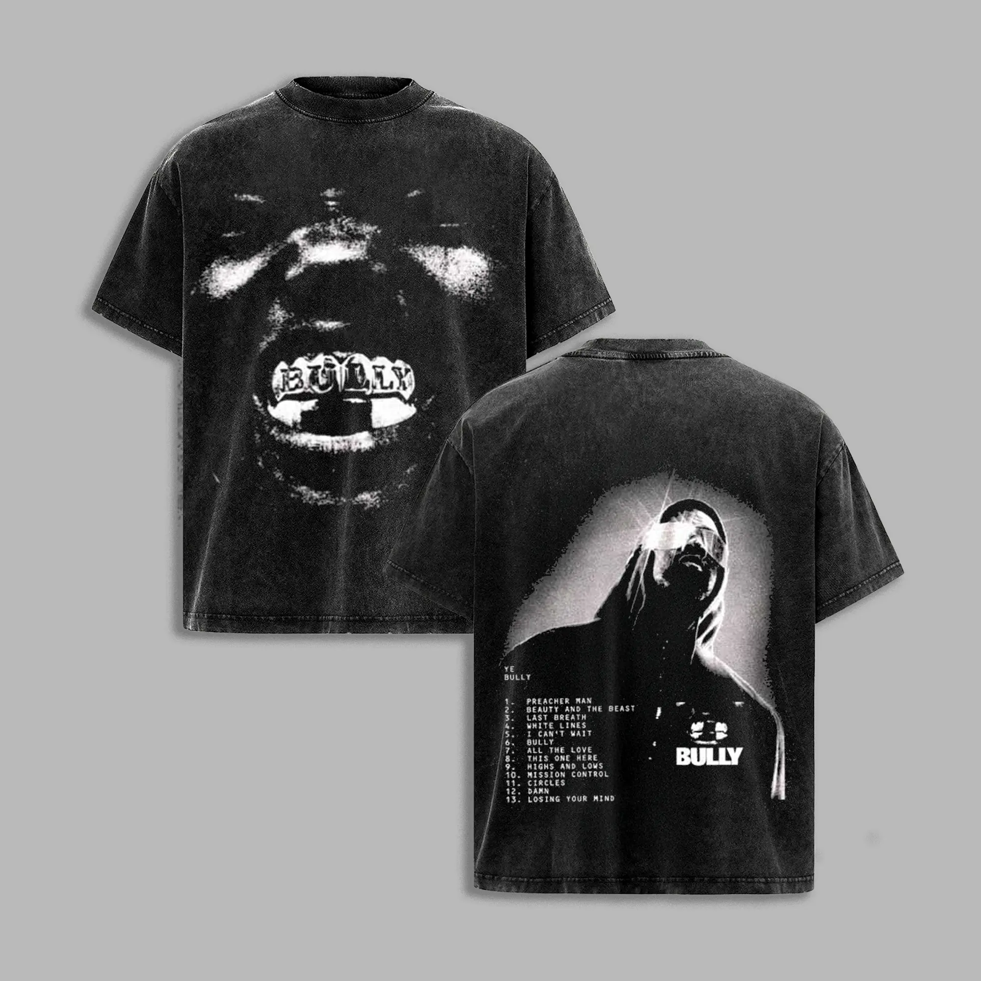 Bully Vintage Washed T-Shirt, Double Sided Dark Graphic Tee, Oversized Streetwear Shirt, Monochrome Urban Fashion Tee, Unisex Cotton Graphic Top, Bully