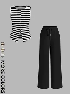 2-Piece Striped Vest & Wide-Leg Pants Set - Retro Baddie Style Slim-Fitting & Figure-Flattering | Stretchy Knit For Women’s Summer Outings / Casual Social Gatherings