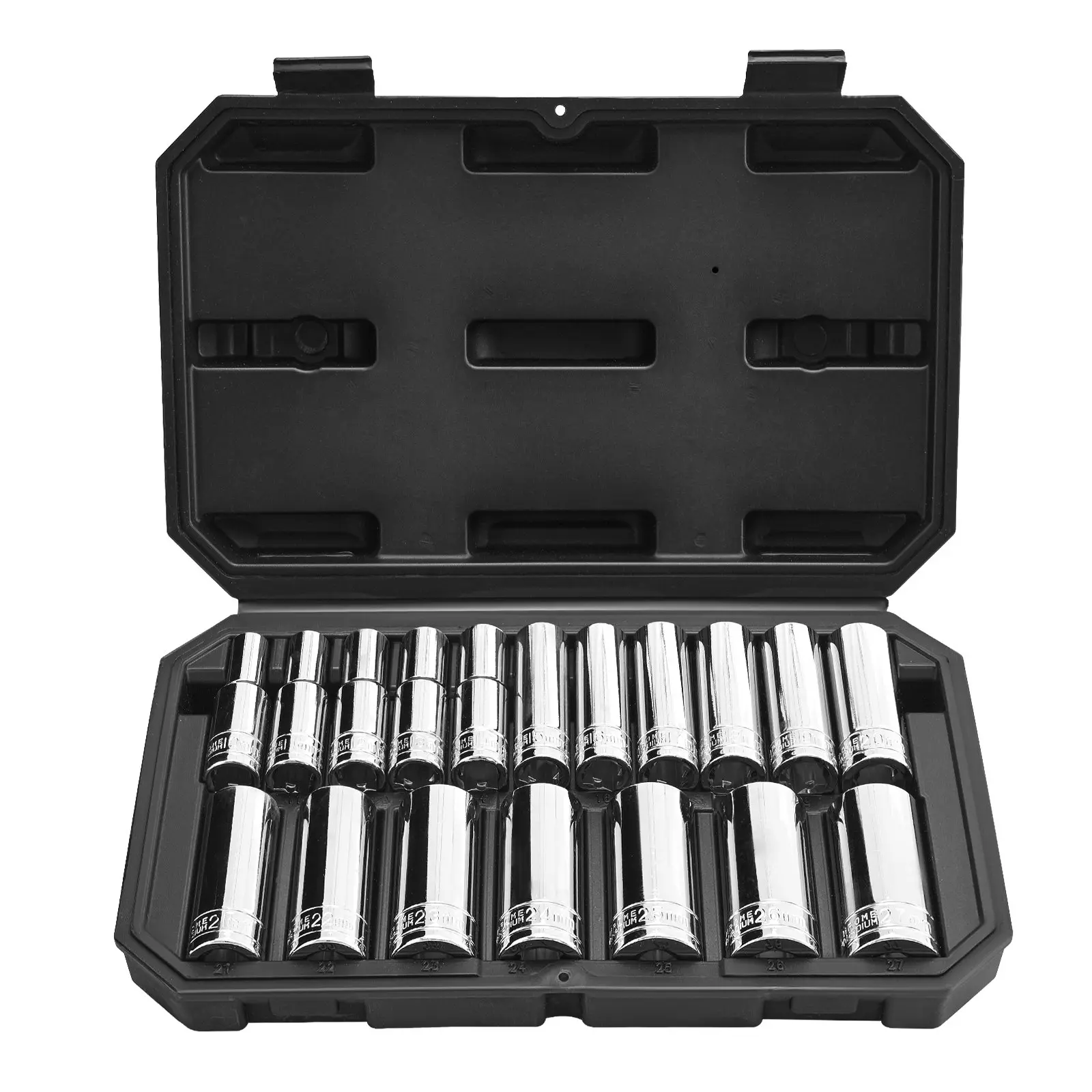 VEVOR 18-Pieces 1/2 in Drive Metric Socket Set (10-27 mm), Chrome Plated CR-V Alloy Steel Mechanic Tool Kit with Storage Case, Easy-to-Read Sizes, High Torque Design, for Automotive Repair, Ideal Present Choice