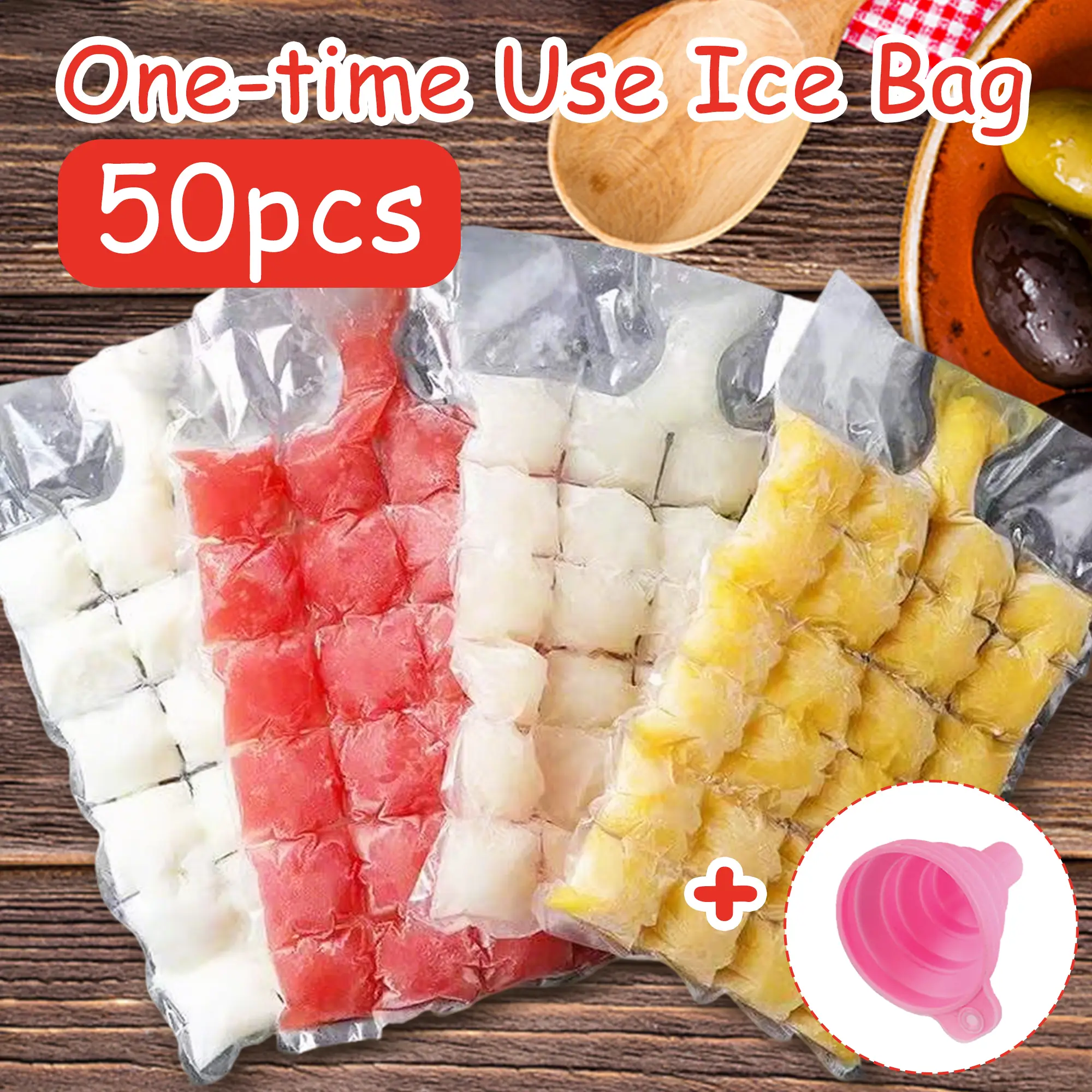 50 Counts Ice Maker Bags with Funnels, Disposable Freezer Bags for Quick Ice Cubes