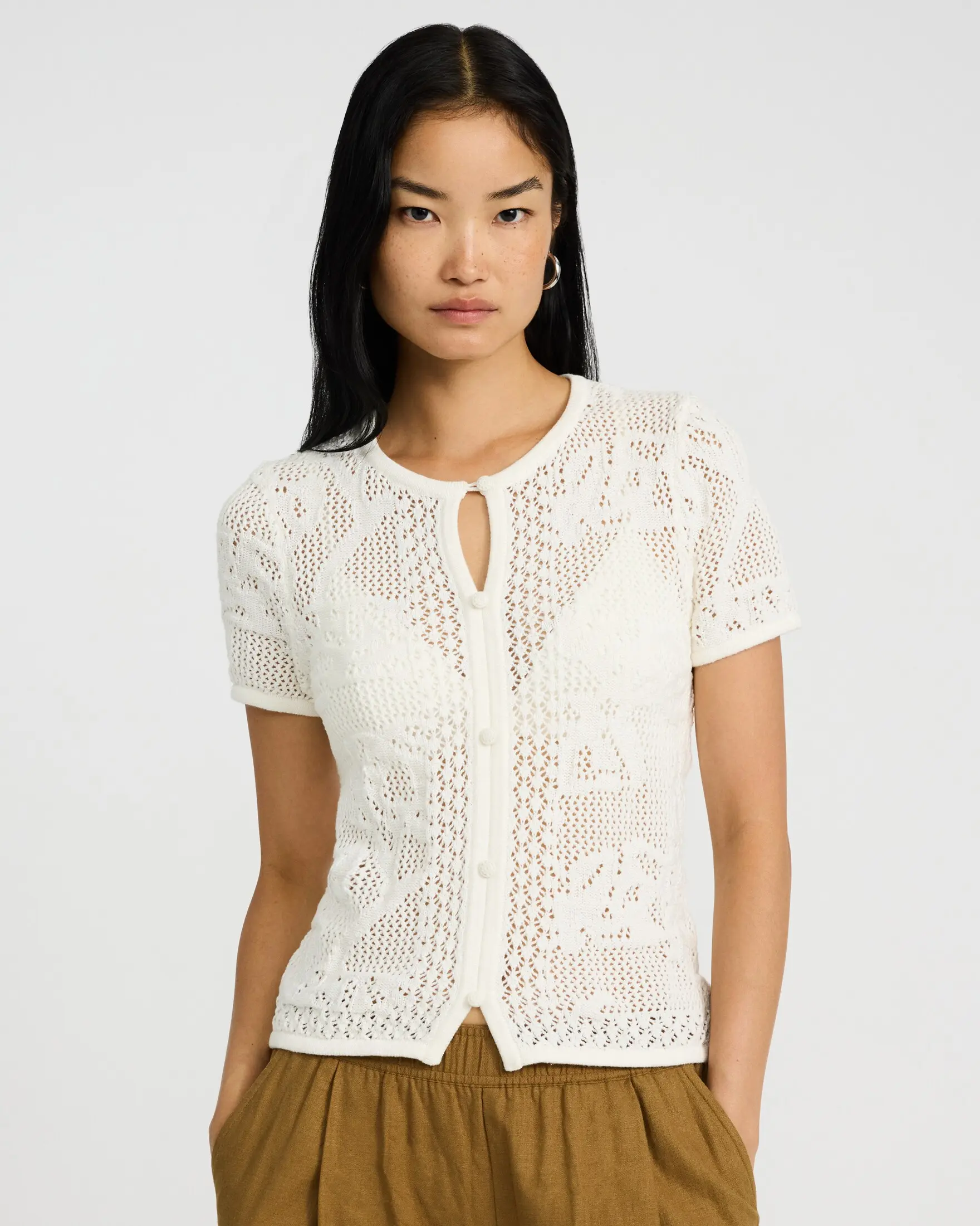 Express Cotton Open Stitch Crew Neck Keyhole Button Front Top, Shirts, Fabric, Blouses
