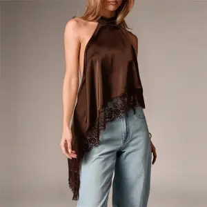 Women's Halter Neck Vest Summer Mock Neck Sleeveless Backless Irregular Lace Hem Tank Tops Party Clubwear Y2K Streetwear