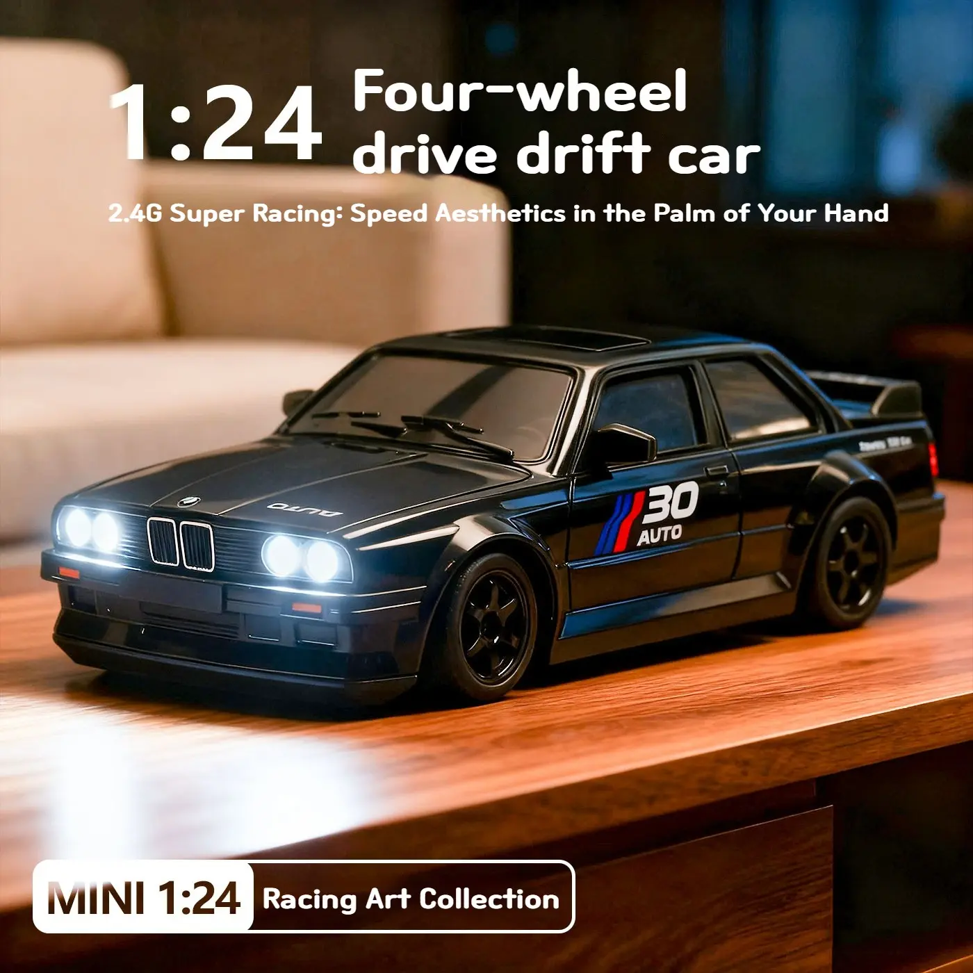 1:24 4WD RC Drift Car, 2.4G High-Speed Remote Control, Dual-Mode Race/Drift Tires, Full-Body LED Lights with Chassis Ambient Light, USB Rechargeable Crashproof Racing Car, Remote Controlled Car, Toy Gift for Boys & Adults