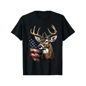 Men's Patriotic Deer Hunting T-Shirt - 100% Cotton, Whitetail Deer and American Flag Design, Regular Fit, Casual Style, Machine Washable, Perfect for Spring and Fall