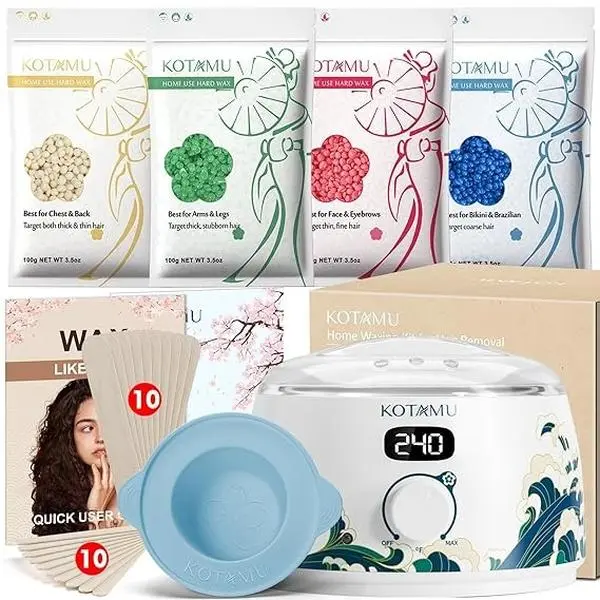 KOTAMU Professional Waxing Kit with Digital Warmer and Scented Hard Wax Beads for Gentle Hair Removal - At-Home Body Care for Face, Bikini & Sensitive Skin, Includes Easy-Clean Silicone Pot