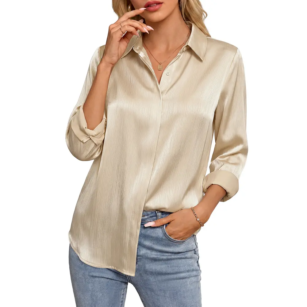 GRACE KARIN 2026 Womens Silky Satin Button Down Shirts Long Sleeve Work Blouses Dressy Casual Tops