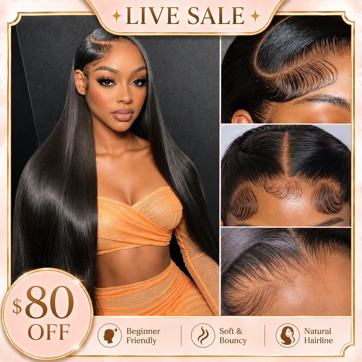 【LIVE SALE $80 OFF】Women's 80% Human Hair 13x4 Lace Front Wig, Heat Resistant, Pre-Plucked Lace Natural Hairline, 180% Density, Natural Black/P4/27 Highlight Brown/99J Burgundy, Straight Soft Silky Sleek Finish