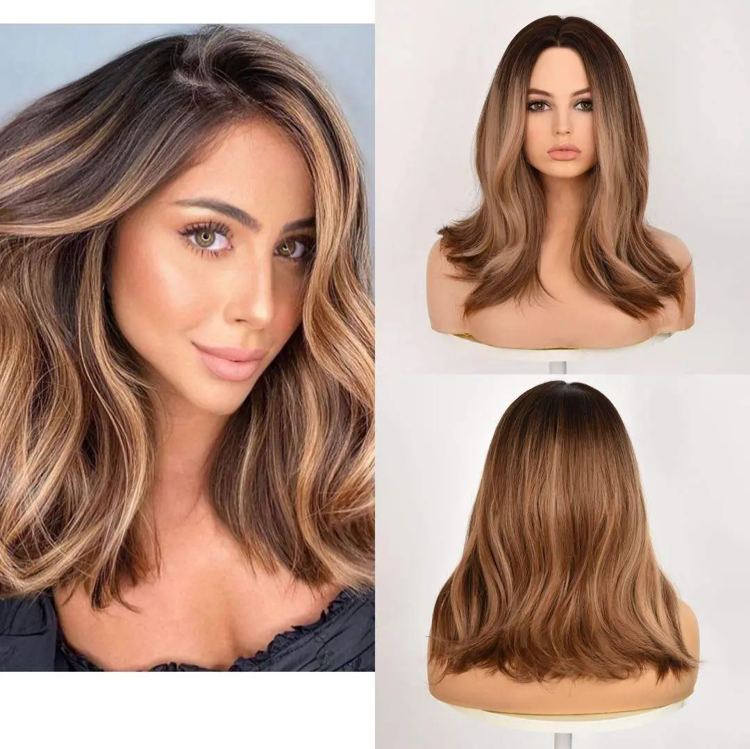SMILCO/16-inch | Brown Loose Wave without Bangs Short Hair Highlight | SM1621 Glueless Hair Wigs Synthetic Material Wigs