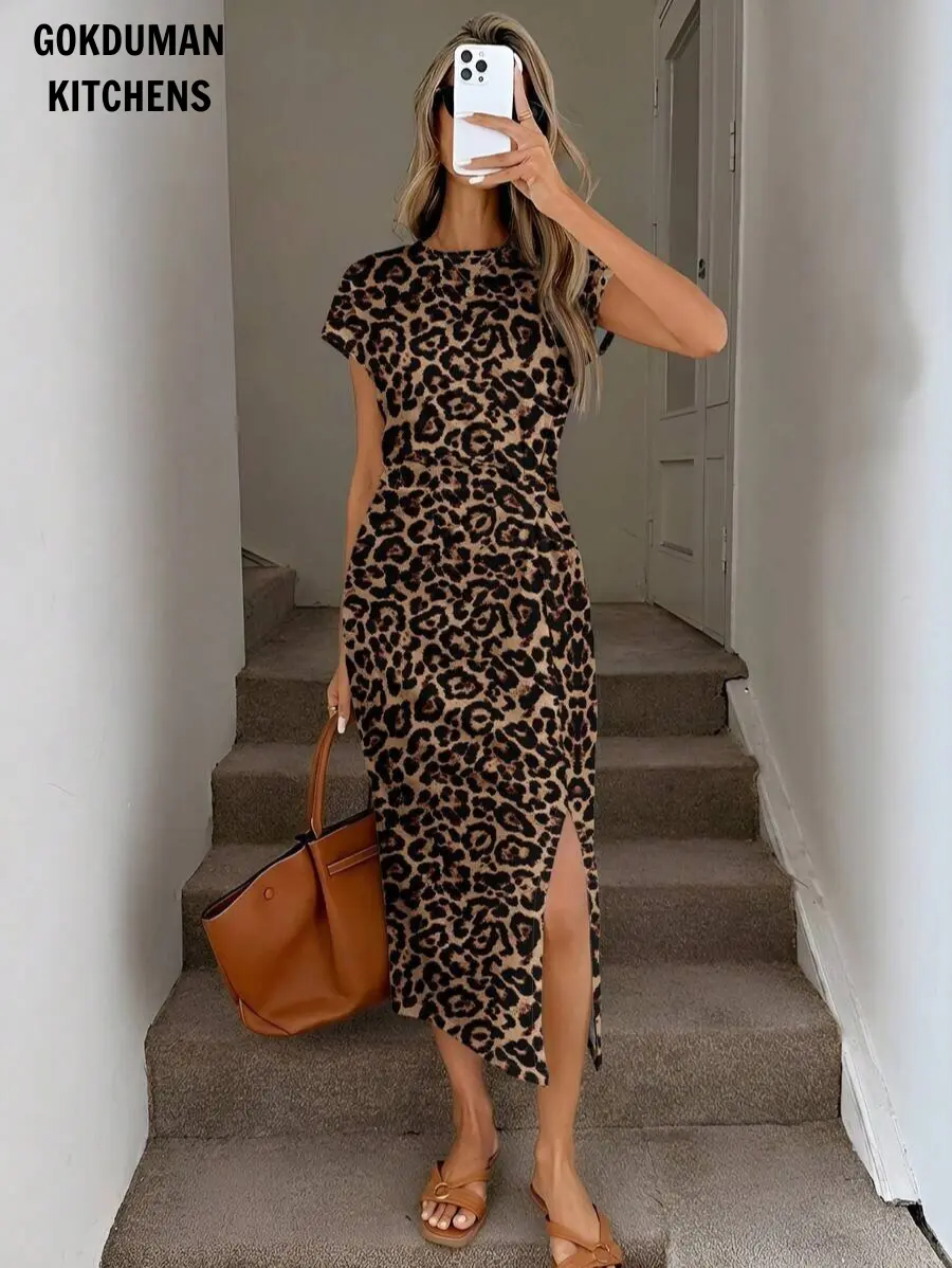 GOKDUMAN KITCHENS Womens Leopard Print Round Neck Twist Waist High Slit Bodycon Midi Dress Short Batwing Sleeve Textured Knit Summer Night Out Dress