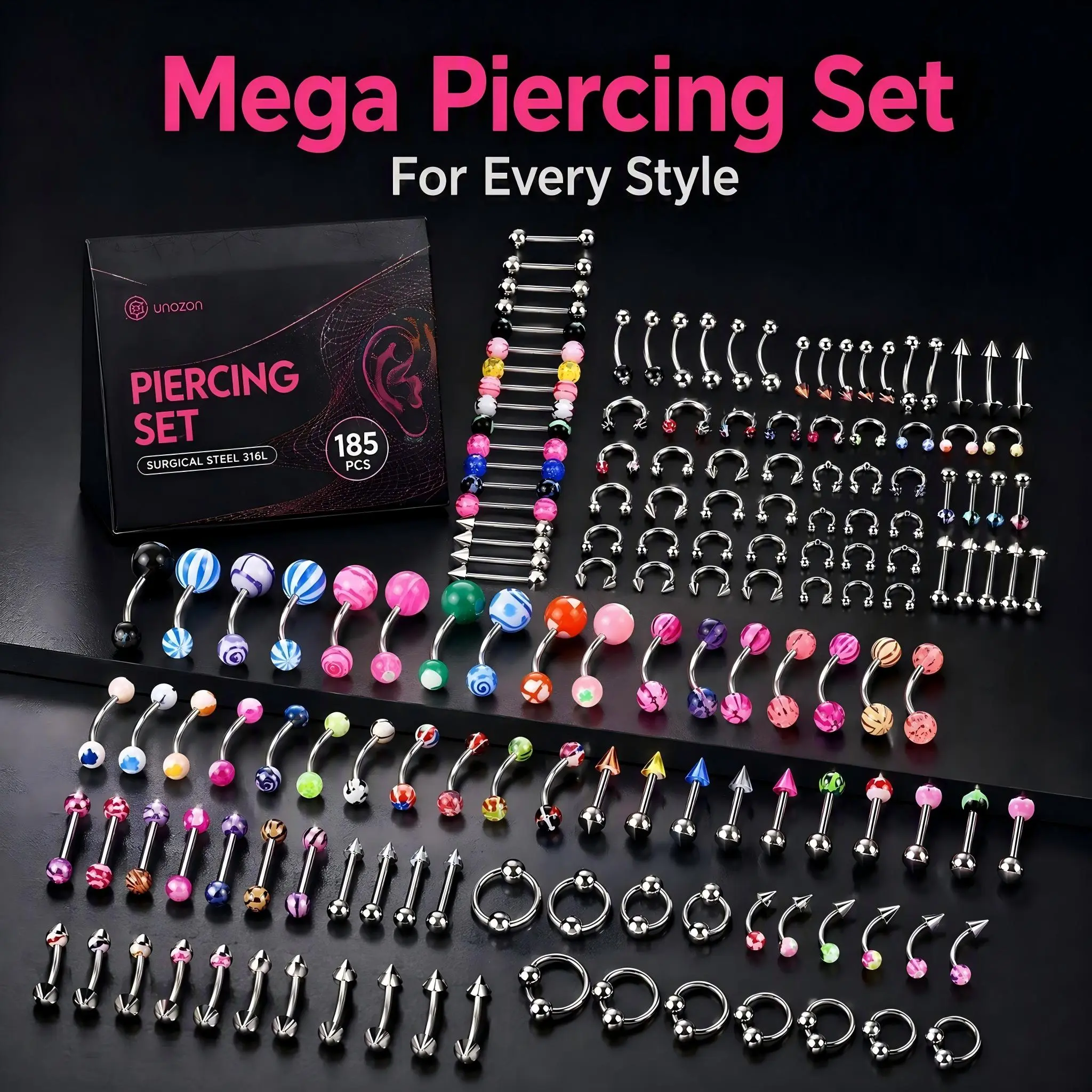 Unisex 185PCS 316L Stainless Steel Body Piercing Jewelry Set - 16G 1.2mm Assorted Barbells, Curved Rings, Horseshoe Hoops, Labret Studs, Colorful Ball Jewelry for Ear, Nose Piercings