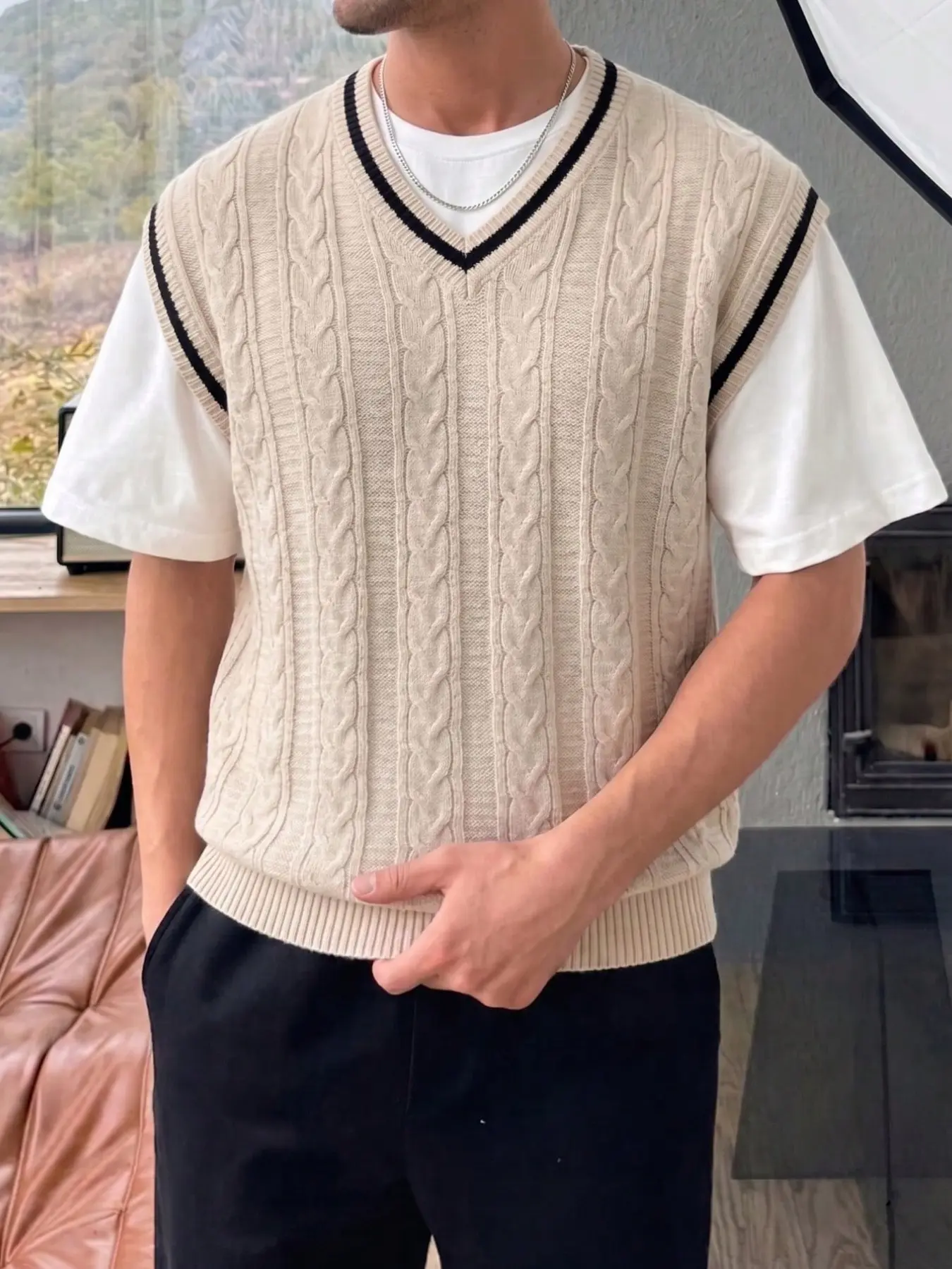 New Summer Autumn Retro V Neck Academic Style Knit Top Vest, Knitted Vest, Sleeveless Jumper Vest, Striped Hemp Pattern Colorblock Sleeveless Knit Tank, Casual, Perfect for Shirts and T-Shirts