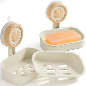 2 Pack Soap Dish Holder – Double Layer Suction Cup Wall Mounted Soap & Sponge Holder, Self-Draining Shower Tray for Bathroom & Kitchen (Drill-Free)