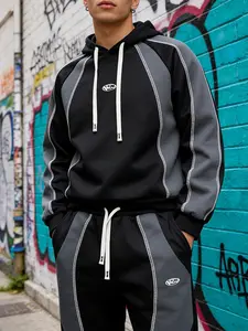 Men's Hooded Sweatshirt Set Fall Winter Streetwear American Style English Print Patchwork Hoodie Unisex Casual Wear