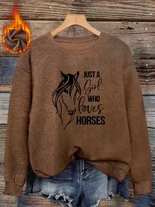 Autumn Winter Faux Fur Round Neck Top, Horse Text Pattern, Soft Touch, Casual Style, High Street Match, Cartoon Design