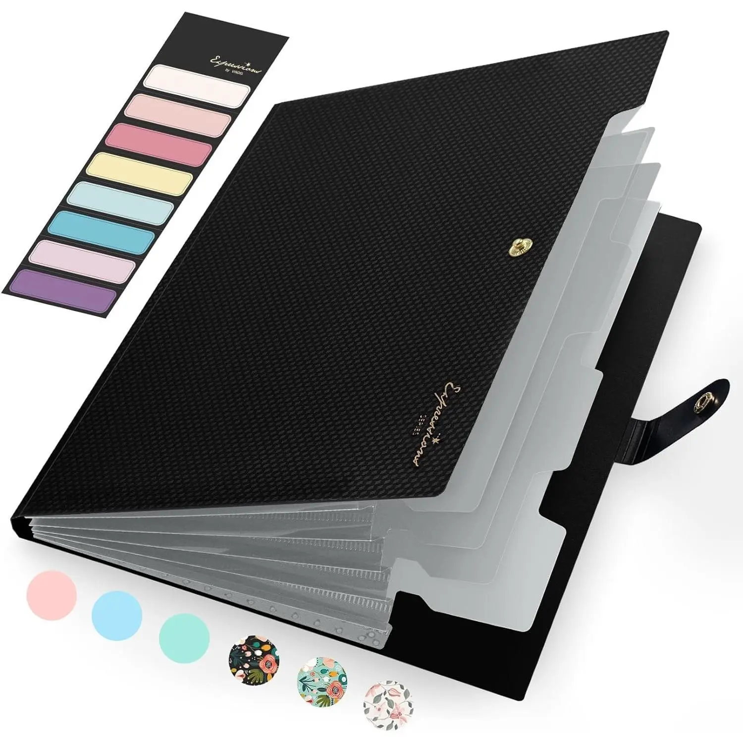 8-Pocket Accordion File Organizer – A4 Expandable Desk Folder with Labels, Portable Plastic Paper Sorter for Home Office, Foldable Storage (Black/Pink)