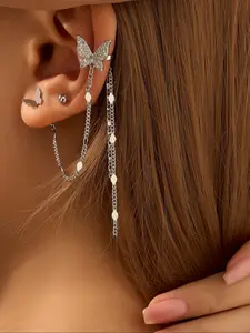 Butterfly Design Chain Tassel Earrings, Elegant Artificial Zircon Decor Earrings for Women, Fashion Jewelry for Party, Daily Decor, Trendy All-match & Exquisite Jewelry for Birthday Gift, Dangle Earrings