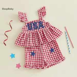 Little Girls Independence Day Outfits Adorable Letter Star Embroidery Flying Sleeve Square Neck Tops and Plaid Shorts Set
