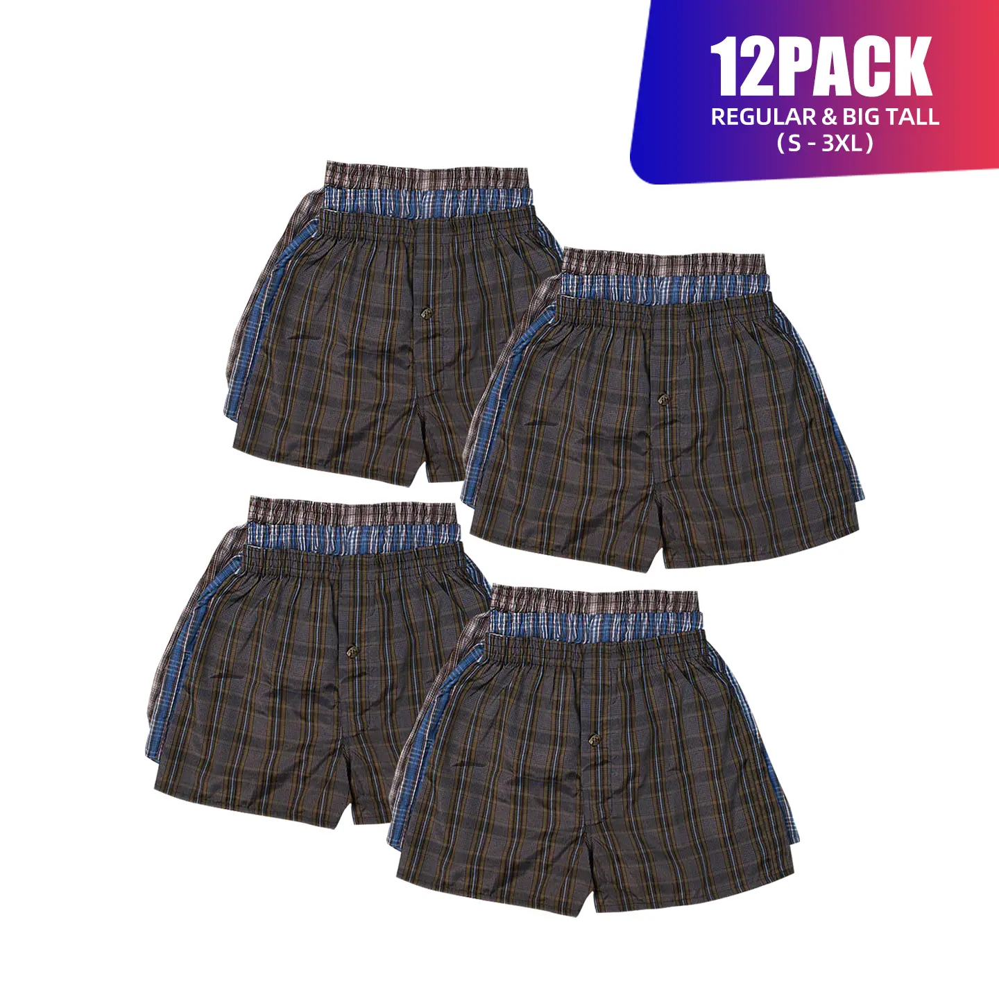 12 Pack Men's 100% Cotton Boxer Shorts Random Mixed Color Relaxed Fit Boxers Breathable Underwear Button Fly Pouch Elastic Waist Undershorts Menswear