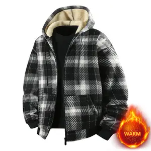Men's Classic Checkered Fleece-Lined Hooded Jacket, Winter Warm Windproof Pull-On Coat, Outdoor Sports & Leisure Casual Black Menswear Top