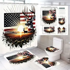 1/4pcs American Flag Deer Hunting Bathroom Set 4-Piece Shower Curtain + Toilet Seat Cover + 2 Bath Mats - Patriotic Sunset Field Fence Design, Stylized US Flag & Deer Silhouette, Red White Blue Earthy Tones - Ideal for 4th of July Veterans Day Home