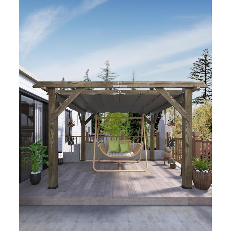 GARVEE 10X10FT Outdoor Wood Pergola with Retractable Shade Canopy, Water-Resistant Charcoal Gray Gazebo for Backyards, Gardens, Patios, and Decks