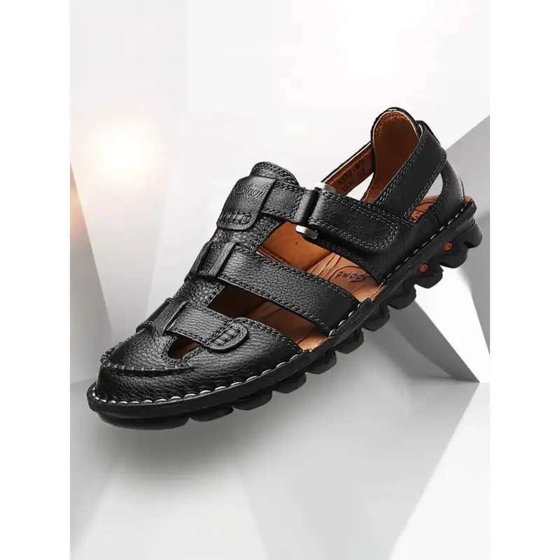 Men's Fashionable Velcro Cowhide Sandals, Men Shoes, Casual Comfortable Sandals for Summer, Breathable Non-slip Sandals for Outdoor Beach Vacation, FootwearGift