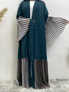 Women's Patchwork Striped Print Belted Pleated Batwing Sleeve Loose Fit Abaya, Modest Long Sleeve Dress for Daily Wear, Women's Islamic Clothing for Spring & Fall