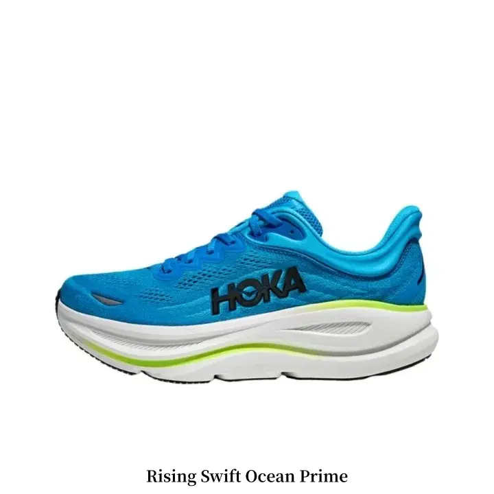 Ocean Blue Breathable Mesh Running Shoes Wave Double-Layer Thick Midsole Lime Green Stripe Contrast Letter Marathon Training Sneakers