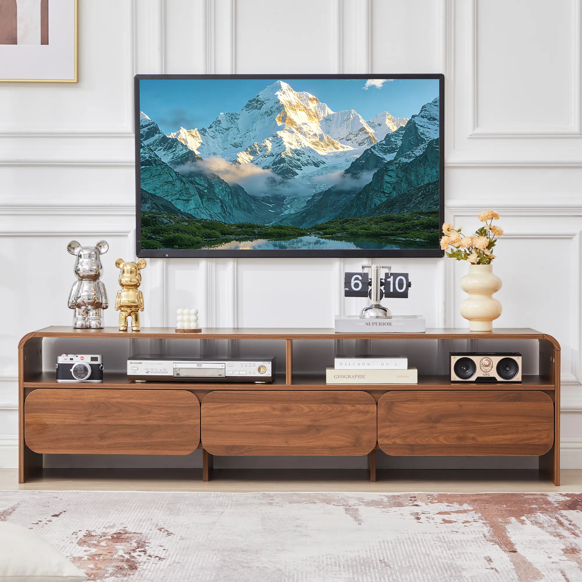 FurSch 63" Mid Century Modern TV Stand for TVs up to 70", Wooden Entertainment Center with Storage Drawers & Open Shelf, Sleek Curved Profile Media Console for Living Room