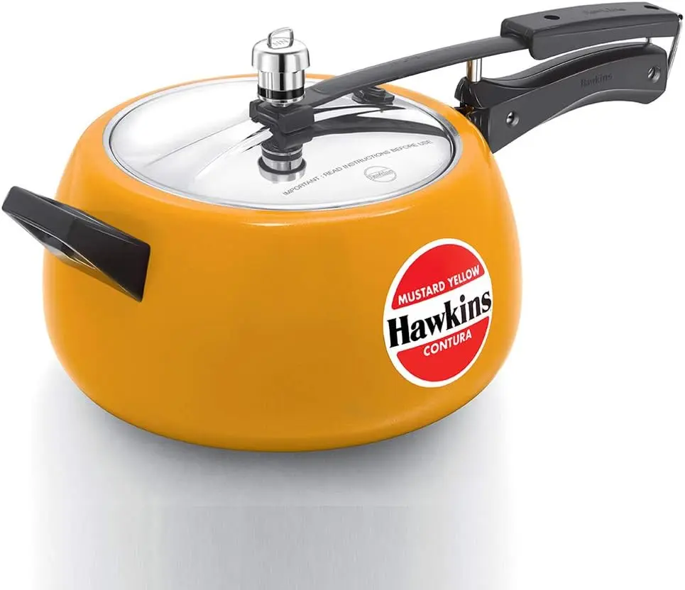 Hawkins CMY50 5L Metallic Round Pot Pressure Cooker - Ceramic Coated, Mustard Yellow, Aluminum Base Cookware for Home Cooking